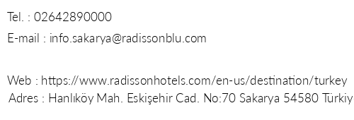 Radisson Blu Hotel Sakarya telefon numaralar, faks, e-mail, posta adresi ve iletiim bilgileri